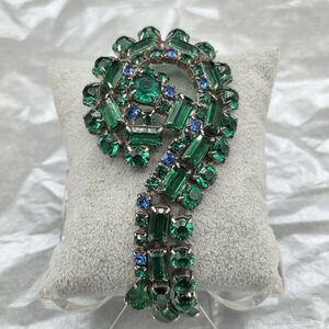 Large Vintage Art Deco Green and Blue Floral Waterfall Dangle Brooch - Unsigned